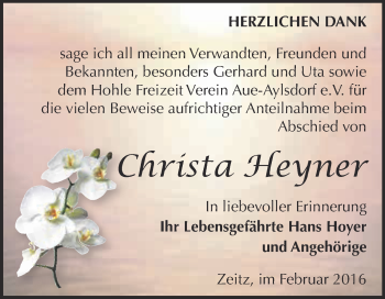 Traueranzeige von Christa Heyner von Super Sonntag Zeitz
