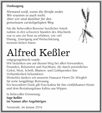 Traueranzeige von Alfred Keßler von Wochenspiegel Mansfelder Land