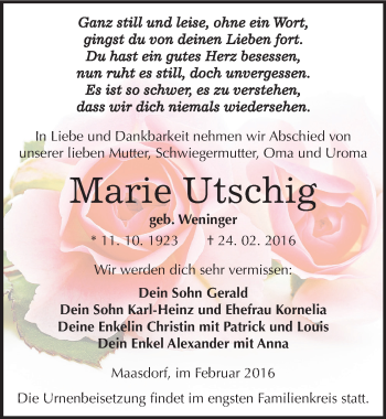 Traueranzeige von Marie Utschig von Mitteldeutsche Zeitung Köthen