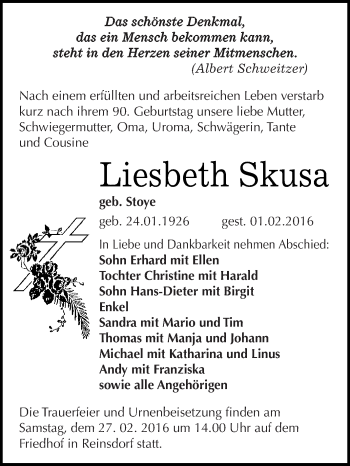 Traueranzeige von Liesbeth Skusa von WVG - Wochenspiegel Dessau / Köthen