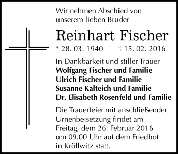 Traueranzeige von Reinhart Fischer von Mitteldeutsche Zeitung Halle/Saalkreis