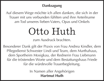 Traueranzeige von Otto Huth von WVG - Wochenspiegel Dessau / Köthen
