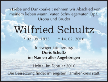 Traueranzeige von Wilfried Schultz von Mitteldeutsche Zeitung Mansfelder Land
