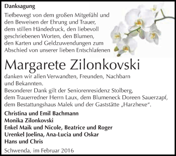 Traueranzeige von Margarete Zilonkovski von Super Sonntag SGH Mansf. Land