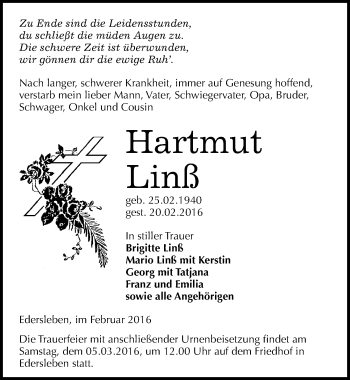 Traueranzeige von Hartmut Linß von Mitteldeutsche Zeitung Sangerhausen