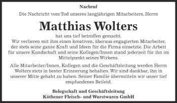 Traueranzeige von Matthias Wolters von Super Sonntag Dessau / Köthen