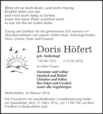 Traueranzeige von Doris Höfert von WVG - Wochenspiegel Quedlinburg