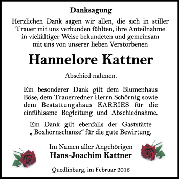 Traueranzeige von Hannelore Kattner von WVG - Wochenspiegel Quedlinburg