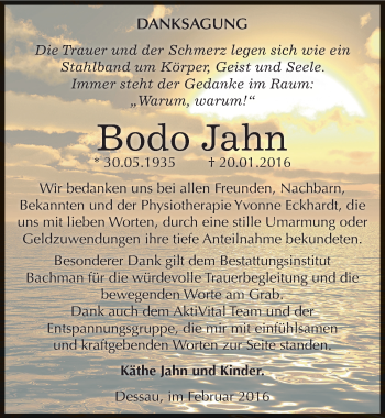 Traueranzeige von Bodo Jahn von Mitteldeutsche Zeitung Dessau-Roßlau