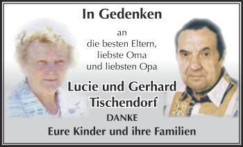Traueranzeige von Lucie und Gerhard Tischendorf von Super Sonntag Zeitz