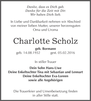 Traueranzeige von Charlotte Scholz von WVG - Wochenspiegel Bitterfeld