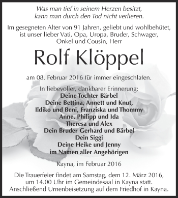 Traueranzeige von Rolf Klöppel von Super Sonntag Zeitz