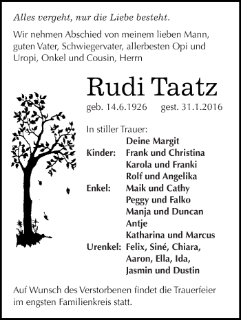 Traueranzeige von Rudi Taatz von WVG - Wochenspiegel NMB / WSF / ZTZ