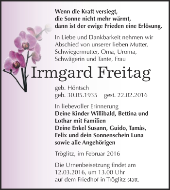 Traueranzeige von Irmgard Freitag von Super Sonntag Zeitz