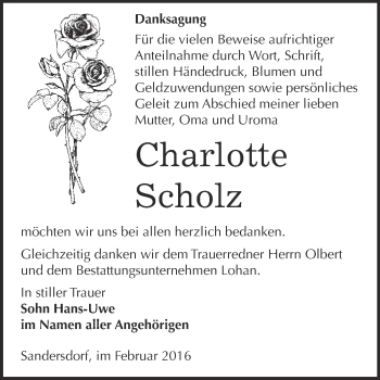 Traueranzeige von Charlotte Scholz von WVG - Wochenspiegel Bitterfeld
