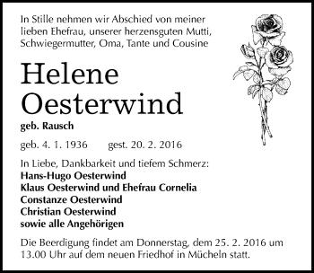 Traueranzeige von Helene Oesterwind von Mitteldeutsche Zeitung Merseburg/Querfurt