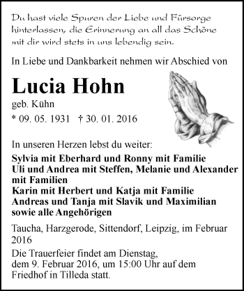 Traueranzeige von Lucia Hohn von Mitteldeutsche Zeitung Sangerhausen