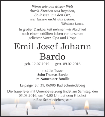 Traueranzeige von Emil Josef Johann Bardo von WVG - Wochenspiegel Wittenberg