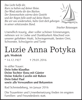 Traueranzeige von Luzie Anna Potyka von WVG - Wochenspiegel Wittenberg
