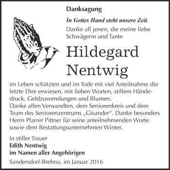 Traueranzeige von Hildegard Nentwig von WVG - Wochenspiegel Bitterfeld