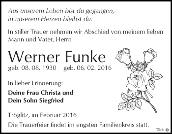 Traueranzeige von Werner Funke von Super Sonntag Zeitz