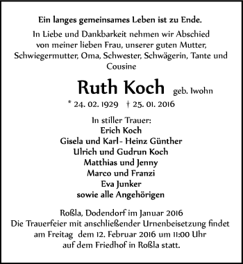 Traueranzeige von Ruth Koch von Mitteldeutsche Zeitung Sangerhausen