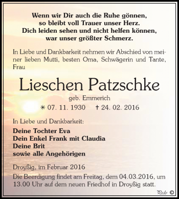 Traueranzeige von Lieschen Patzschke von Super Sonntag Zeitz