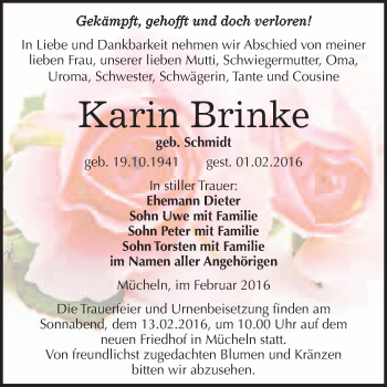Traueranzeige von Karin Brinke von WVG - Wochenspiegel Merseburg