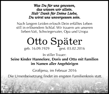 Traueranzeige von Otto Später von Mitteldeutsche Zeitung Naumburg/Nebra