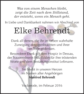 Traueranzeige von Elke Behrendt von WVG - Wochenspiegel Wittenberg