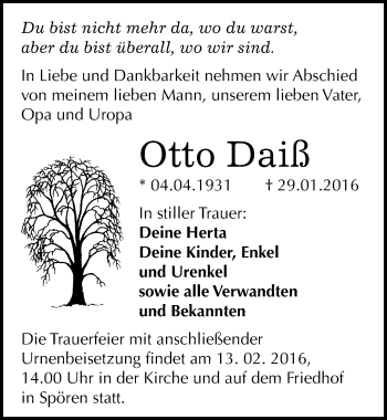 Traueranzeige von Otto Daiß von Mitteldeutsche Zeitung Bitterfeld
