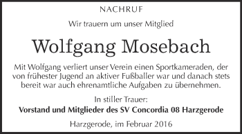 Traueranzeige von Wolfgang Mosebach von Super Sonntag Quedlinburg
