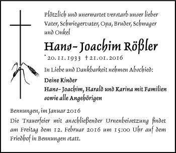 Traueranzeige von Hans-Joachim Rößler von Mitteldeutsche Zeitung Sangerhausen