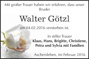 Traueranzeige von Walter Götzl von Super Sonntag Aschersleben