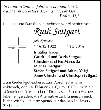 Traueranzeige von Ruth Settgast von Mitteldeutsche Zeitung Aschersleben