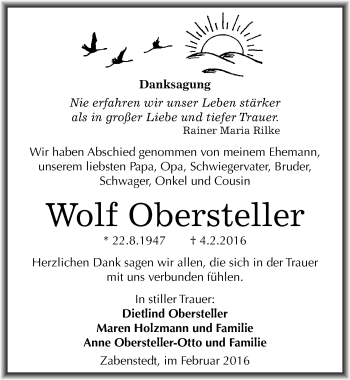 Traueranzeige von Wolf Obersteller von Mitteldeutsche Zeitung Mansfelder Land