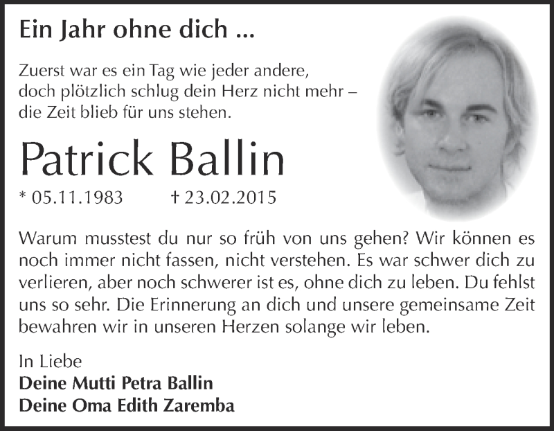  Traueranzeige für Patrick Ballin vom 27.02.2016 aus Super Sonntag Bernburg