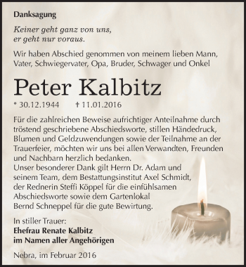 Traueranzeige von Peter Kalbitz von Mitteldeutsche Zeitung Naumburg/Nebra
