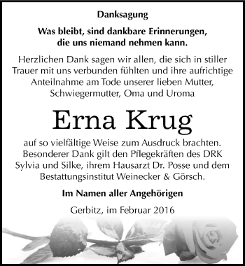 Traueranzeige von Erna Krug von Mitteldeutsche Zeitung Bernburg