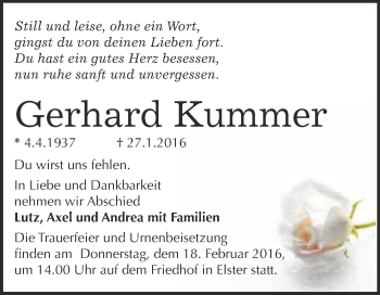 Traueranzeige von Gerhard Kummer von WVG - Wochenspiegel Wittenberg