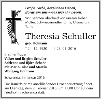 Traueranzeige von Theresia Schuller von Mitteldeutsche Zeitung Sangerhausen