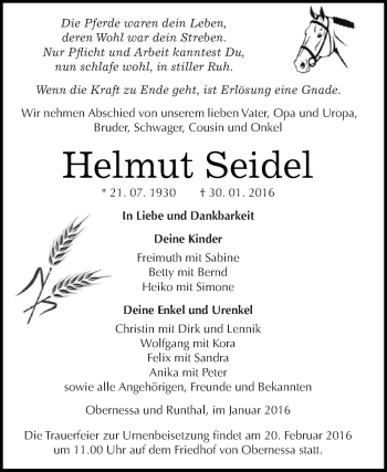 Traueranzeige von Helmut Seidel von WVG - Wochenspiegel NMB / WSF / ZTZ