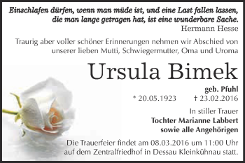 Traueranzeige von Ursula Bimek von WVG - Wochenspiegel Dessau / Köthen