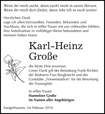 Traueranzeige von Karl-Heinz Große von Mitteldeutsche Zeitung Sangerhausen