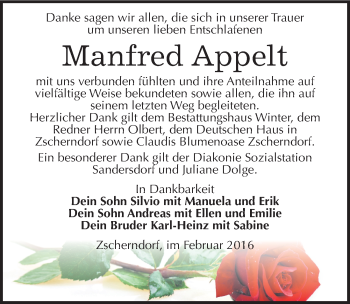 Traueranzeige von Manfred Appelt von Mitteldeutsche Zeitung Bitterfeld