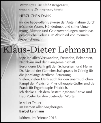 Traueranzeige von Klaus-Dieter Lehmann von WVG - Wochenspiegel Dessau / Köthen