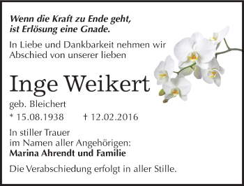 Traueranzeige von Inge Weikert von Mitteldeutsche Zeitung Quedlinburg