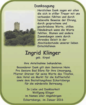 Traueranzeige von Ingrid Klinger von WVG - Wochenspiegel NMB / WSF / ZTZ