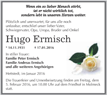 Traueranzeige von Hugo Ermisch von Wochenspiegel Mansfelder Land