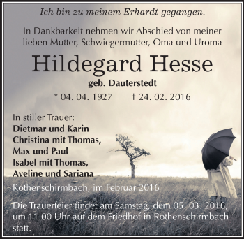Traueranzeige von Hildegard Hesse von Mitteldeutsche Zeitung Mansfelder Land